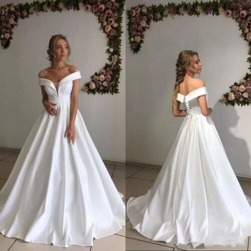 Off Shoulder Short Sleeves Wedding Dresses Lace Up Sweep Train Satin A Line Wedding Bridal Gown Vestido de noiva