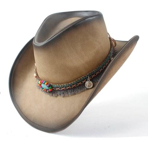 Womens Mens Winter Leather Cowboy Western Cowgirl Fedora Hat Tassel Turquoise Bead Leather Band