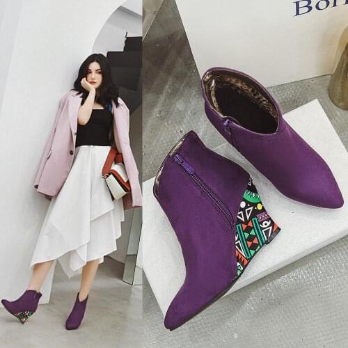 Autumn Ankle Boots Women Pu Leather Wedges High Heels Western Boots Pointed Toe Zipper Fashion Winter Short Boots Woman Shoes