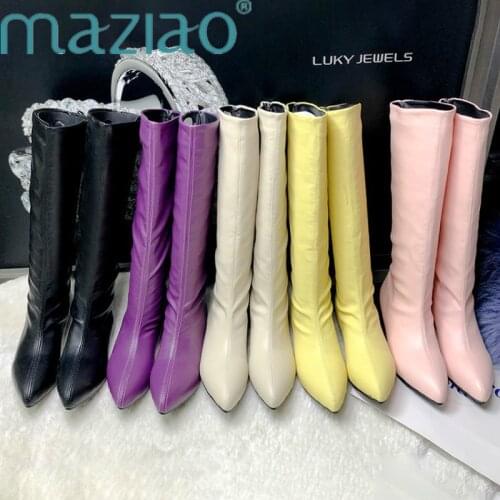 Pointed Toe Slip-On Knee High Boots Women Soft Leather low heel Sewing autumn winter boots comfortable Sexy women boots MAZIAO