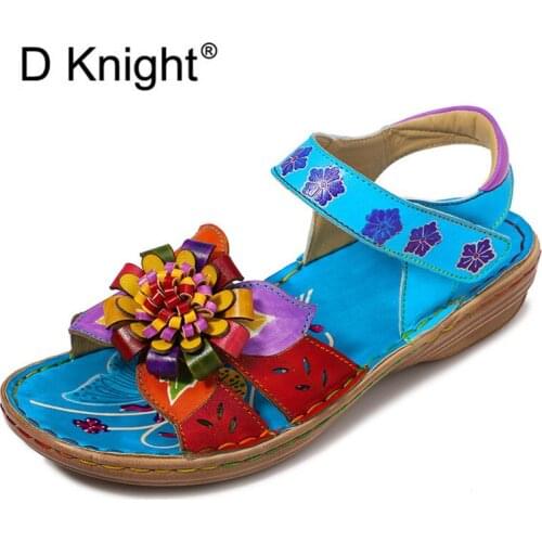 New Gladiator Women Platform Beach Sandals Handmade Genuine Leather Strap Shoes For Women Vintage Flowers Blue Sandalia Feminina