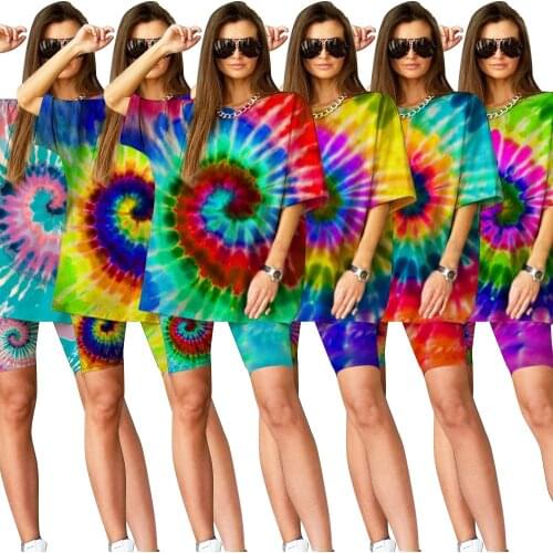 Tie Dye Print Oversized Two Piece Short Set for Women T-shirt Top and Biker Shorts Set Lounge Wear Street Joggers Matching Sets