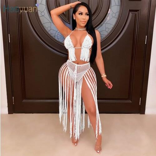 HAOYUAN Sexy Hand Knitted Two Piece Swimsuit Backless Crop Top Bandage Maxi Dress for Women Summer Beachwear Tassel Club Outfits