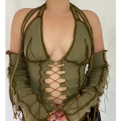 Backless Halter Ribbed Tie Front Top Women Long Sleeve Hollow Out Lace Up T Shirts Patchwork Sexy Hot Bodycon Crop Top