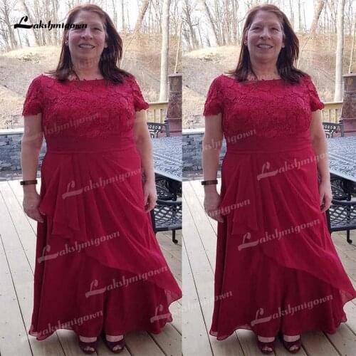 Floor-Length Short Sleeve Lace Chiffon Pleats Plus SIze Red Mother of the Bride Dress for Wedding 2021 Wedding Party Dress