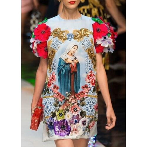 See Orange Fashion Show 2017 Lady Print Summer Dress Women Dress With Large Floral Luxury Sequined Beading Party Dress