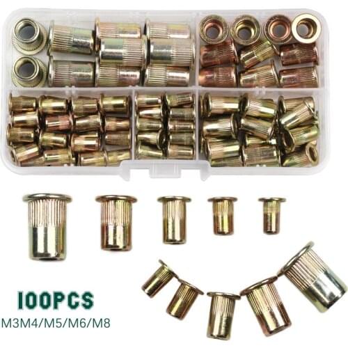 100PCS M3 M4 M5 M6 M8 Carbon Steel Rivet Nuts Insert Rivets Multi Size Flat Head Rivet Nuts Set