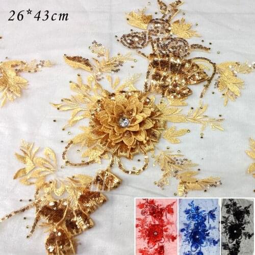 3 Piece/ Lot 26CM* 43CM 8 Colors embroidery 3D patch paillette stage performance lace fabric applique diy clothes accessories