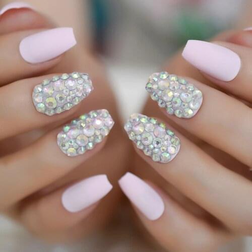3D AB Rhinestones False Nails Pink Color Candy Coffin Frosted Matte Flat Full Cover Handmade Bride Fake Nail Tips