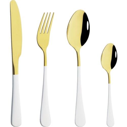 4Pcs White Gold Cutlery Set Kitchen Silverware Tableware Set Stainless Steel Dinnerware Flatware Knife Fork Spoon Dinner Set