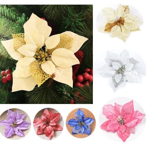 HACOCHU 5PCS/lot 20cm Christmas Tree Flower Hollow Out Glitter Kerst Decoratie Artificial Fake Flowers for Wedding Decorations