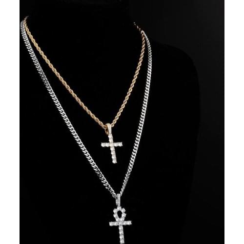 ALLICEONYOU New Iced Out Ankh Hip Hop Cross Pendant Necklace Jewery Set Cuban Chain Women Gift Link Female Shiny