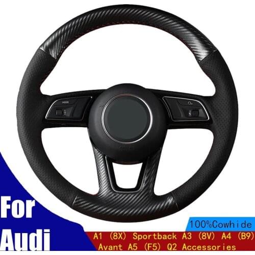 DIY Car Steering Wheel Cover Black PU Carbon Fiber For Audi A1 (8X) Sportback A3 (8V) A4 (B9) Avant A5 (F5) Q2 Accessories