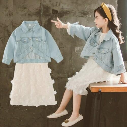Girls denim jacket feather dress two pieces sets children clothing sets baby girls jeans suits teenagers clothes outwear 4-14Y