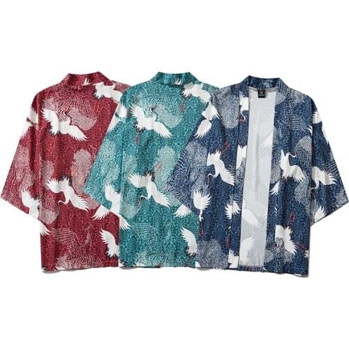 Bebovizi Japanese Kimono Cosplay Crane Print Yukata Coat Men Women Harajuku Shirt Haori Cardigan Asian Traditional Costumes