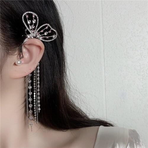2021 New Fashion Imitation Pearl Chain Ear Cuff Cartilage Earrings For Women Elegant Flower Long Tassel Ear Clip Female Jewelry