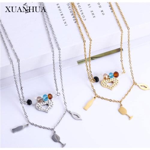 XUANHUA Heart Multi Layer Necklace Earrings Set Stainless Steel Jewelry Woman Accessories Fashion Jewelry Sets Free Shipping