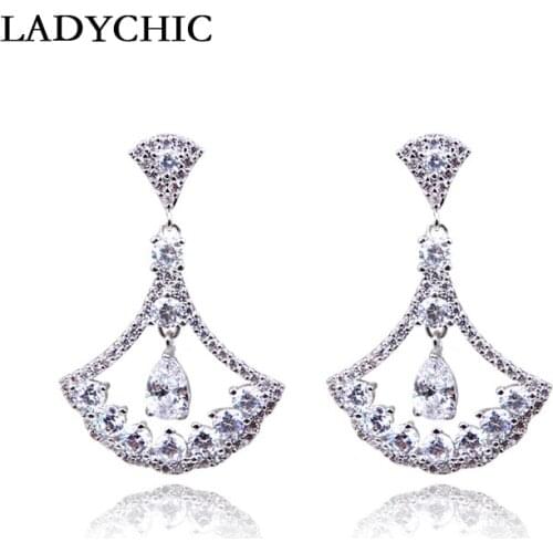 LADYCHIC Vintage Fan Shape Silver Color Earrings High Quality Cubic Zircon Dangle Earrings Women Wedding Jewelry Gift LE1317