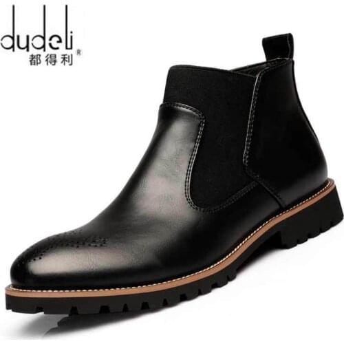 Men Chelsea Boots Slip-on Waterproof Ankle Boots Men Brogue Fashion Boots Microfiber Leather shoes Big Size 38-46