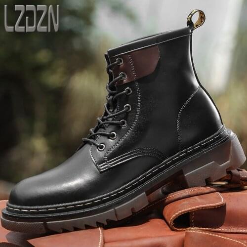 Internally Increased Tooling Trendy Mens Big Head Leather Shoes Chelsea High-Top Martin Cowhide Boots Locomotive Tendon Bottom