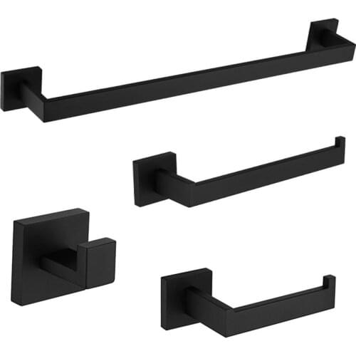 4-Piece Bathroom Hardware Accessory Set Stainless Steel Matte Black 24 Inch Towel Bar + Toilet Paper Holder + Towel Hook