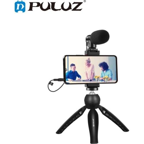PULUZ Live Broadcast Smartphone Video Light Vlogger Kits with Microphone + LED Light + Tripod Mount + Phone Clamp Holder