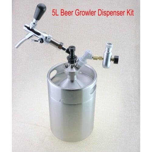 New 2018 Stainless Steel 5L Mini Beer Growler + Mini Keg Dispenser with adjustable beer tap + Co2 keg charger kit