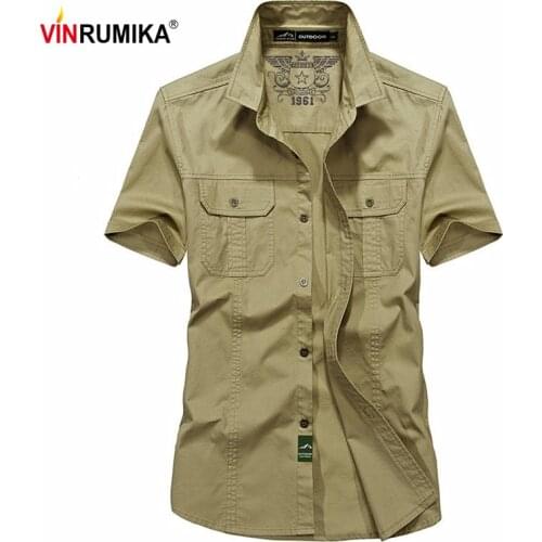 NEW 2020 European Mens Summer Military Casual Brand Army Green Shirt Man 100% Pure Cotton Khaki Short Sleeve Shirts Black Tops
