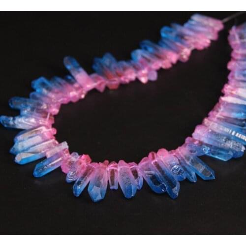 New!! 15.5"/strand Blue&Pink Titanium Raw Crystal Quartz Top Drilled Point Beads,Rainbow Crystal Stick Pendants Jewelry Making