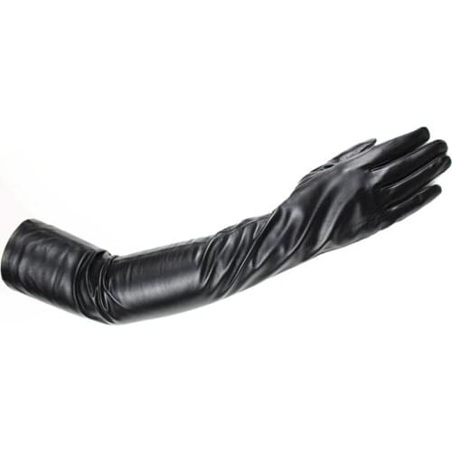 New Womens Long 58 cm Leather Gloves Black Classic Straight Velvet Lining Sheepskin Gloves Winter Cold And Warm