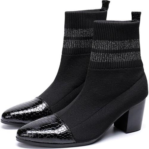 New style black slip-on ankle boot fashion Mid heel Socks shoes pointed toe Martin boots men size 38-46