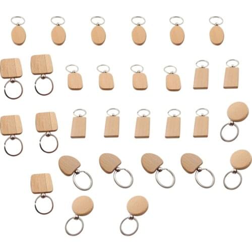 30Pcs/Lot Diy Blank Wooden Key Chain Rectangle Heart Round Ellipse Carving Keyring Wood Keychain Ring for Men Women Gift