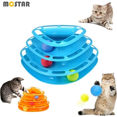 MC Star Pet Cat Amusement Plate Game Turntable Three Layer Plastic Kitten Curious Catching Spin Ball Track Tower Kitty Fun Toys