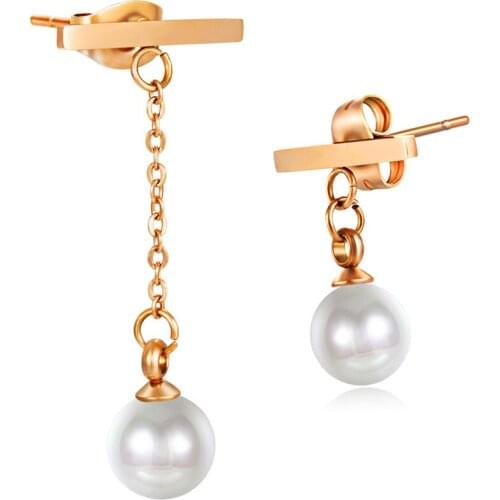 Simple Fashion Stainless Steel Artificial pearl Rose Gold Color Bead Hanging Dangle Earrings Recommended Jewelry Gift for Women
