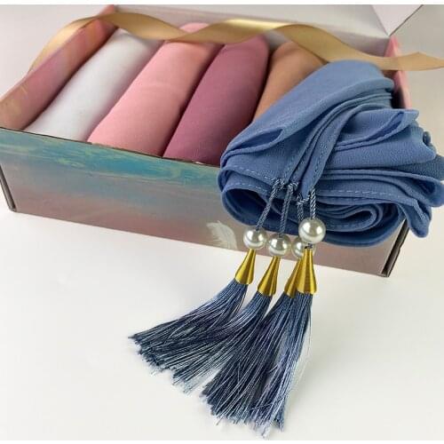 Designer Bubble Chiffon Hijab Beaded Pearls Scarf With Tassel Solid Color Muslim Shawls Headband Islamic Headscarf Box Foulard