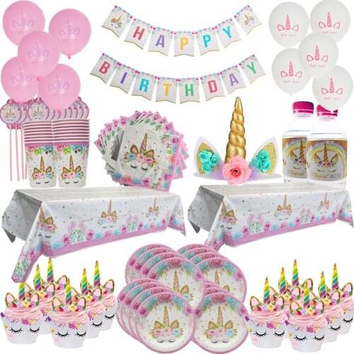Unicorn Birthday Party Decoration Tableware Supplies Plates Napkins Cups Spoons Straw Ballons for Wedding Baby Shower Decor