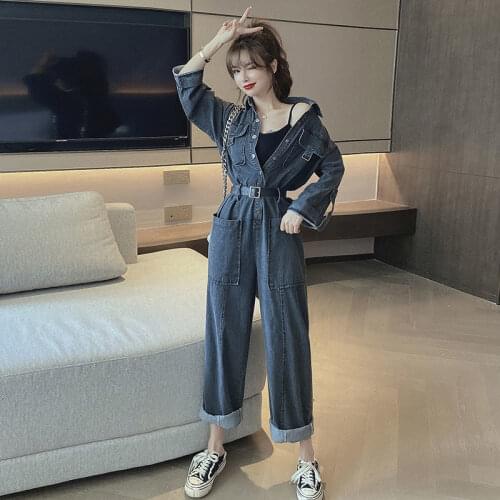Women 2021 Spring Autumn Denim Jumpsuit Romper Female Long Sleeve Lapel Single-breasted Jeans Jumpsuit Wide Leg Overalls Y166