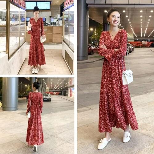 2020 Autumn Spring Women Red Dress Elastic Waist V Neck Floral Printed Long Dress Korean StyleVintage Slim Fit Femmin Vestidos