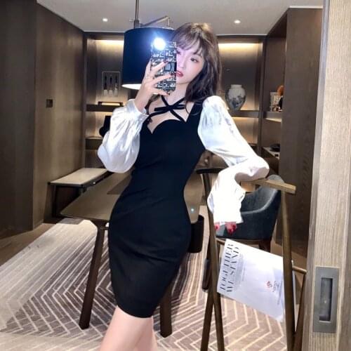 2021 Spring Women Sexy Patchwork Long Sleeve Bow Neck Slim Evening Party Tube Bodycon Dress
