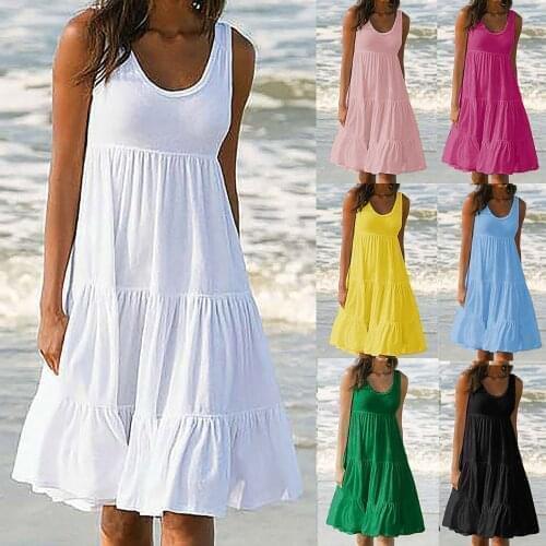 Women Dress Summer Simple Solid Color Wild Round Neck Sleeveless Beach Dress High Quality Large Size летнее женское 50