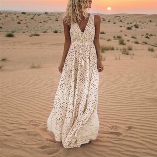 Women Polka Dot Print Long Dress Sexy V-neck Sleeveless Summer Beach Bohemia Sundress Elegant Evening Party Maxi White Dresses