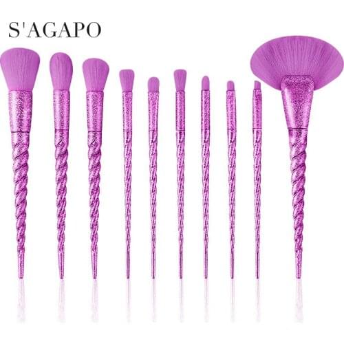S'AGAPO 10pcs Glitter Eyeshadow Makeup Brush Set Foundation Eyeliner Eyebrows Concealer Professional Fan Face Beauty Makeup tool