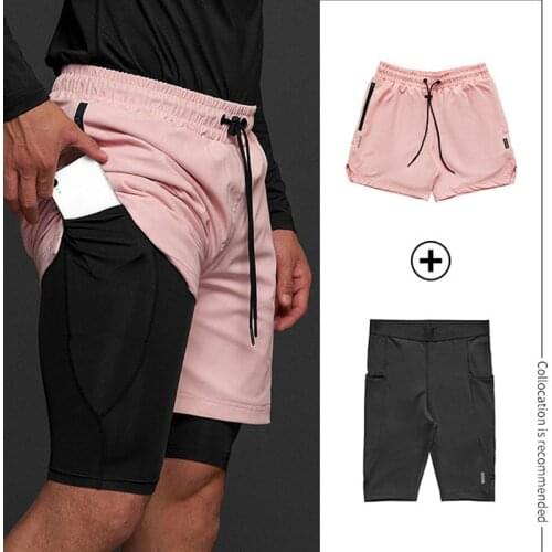 2 In 1 Running Shorts For Men Quick Drying Sport Gym Beach Shorts Pocket Jogging Fitness Workout Sweatpants Board Swimming Trunk