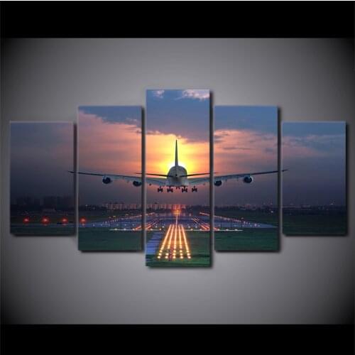 5 pieces Canvas Art Painting Sunset Light Aircraft Lawn Poster Wall Home Decor Picture Free Shipping