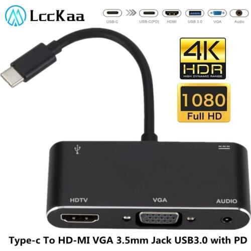 LccKaa 4K Type-C to HDMI-compatible VGA USB 3.0 Hub 1080P Adapter 3.5mm Jack USB 3.0 with PD Power for MacBook Pro Laptop Phone