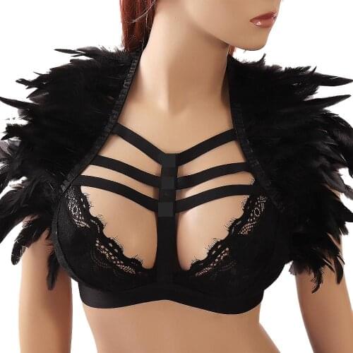 Harness Bra Hollow Out Shoulder Feather Shawl Black Elastic Plus Size Halloween Harajuku Gothic Club Crop Tops Cage Body Strappy