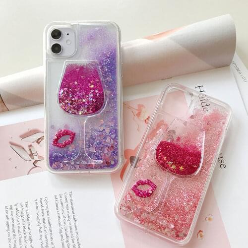 Wine Glass Sexy lips Glitter Phone Case For iPhone XS 11 Pro Max X XR SE 6S 6 7 8 Plus SE2 Liquid Quicksand Bling Sequins Case