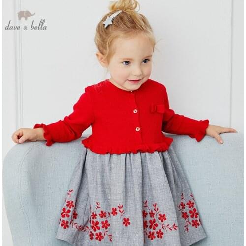 DB14812 dave bella autumn baby girls cute bow floral sweater dress children fashion party dress kids infant lolita clothes