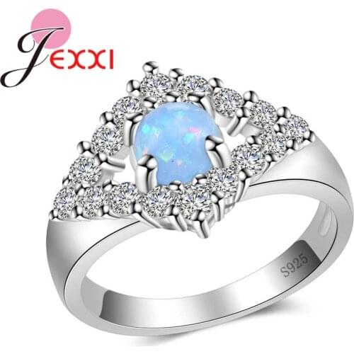 Exquisite Blue Round Opal Rings For Women Female 925 Sterling Silver Full White Cubic Zirconia Special Wedding Charms Gift