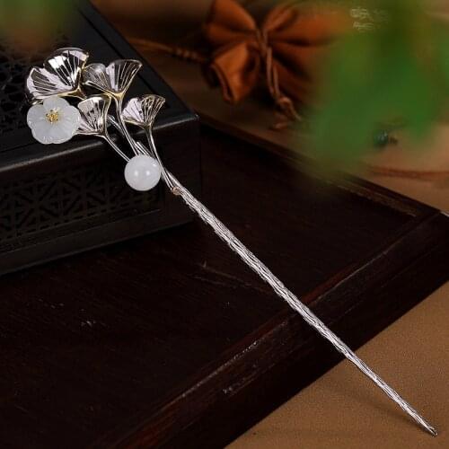 925 Sterling Silver Chinese Jade Hair Stick Flower Ginkgo Leaf Hairpins For Women Accessories Sticks Luxury Jewelry Gold Plated
